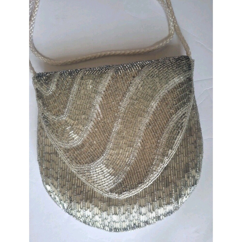 Magid Beaded Art Deco Evening Purse Chain Strap Silver Beaded Satin Lined - Picture 2 of 7
